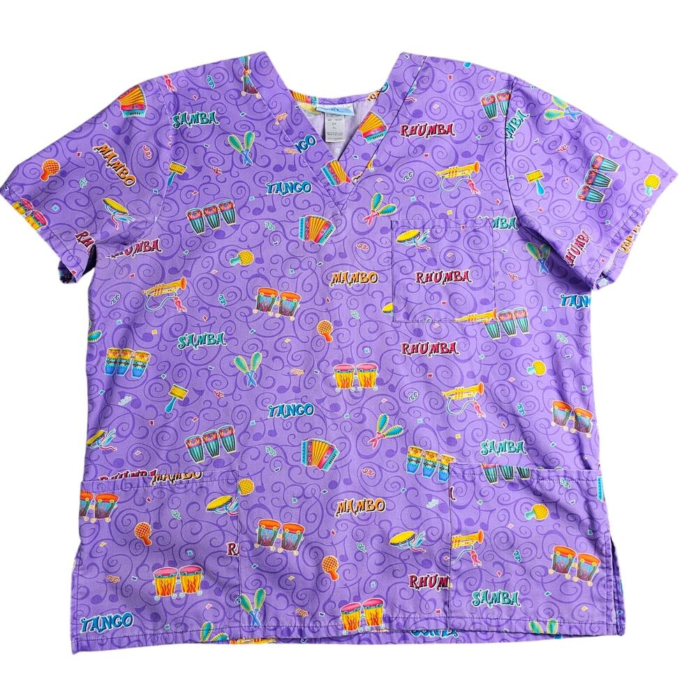 Scrub Top Latin Dance Maracas Conga Drums V-Neck 3 Pocket Women's Size XL Purple